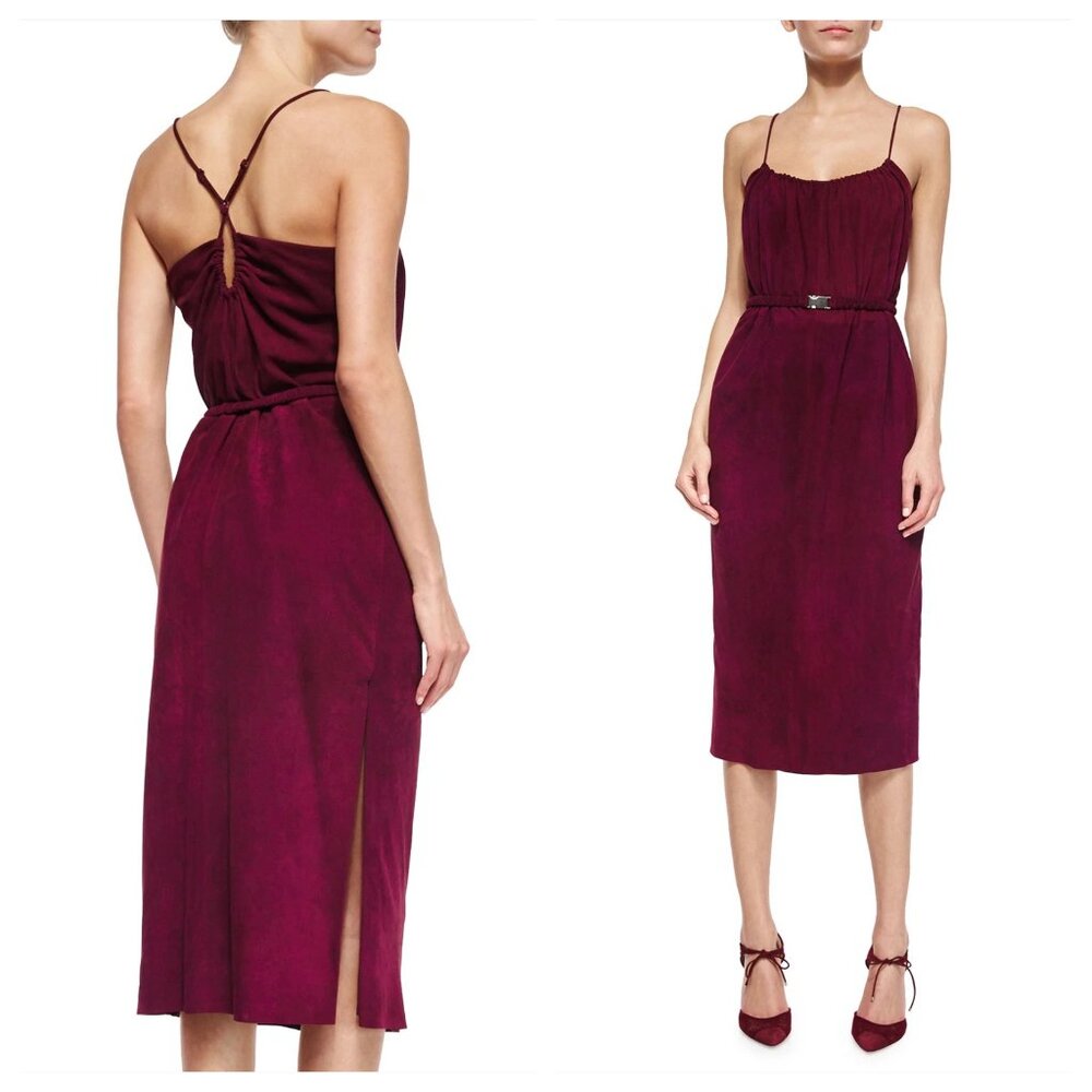 HALSTON Heritage Midi Dress Lamb Leather Suede Wine Burgundy Cami size 12 $1195